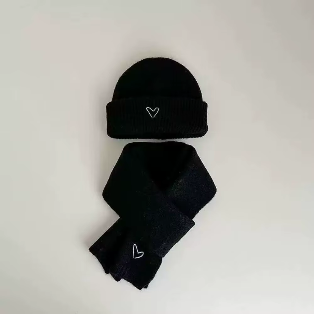 Ensemble écharpe chapeau tricoté brodé de cœur d'amour, couleur unie, bonnet chaud épais au Crochet, ensemble chauffe-cou chaud coupe-vent