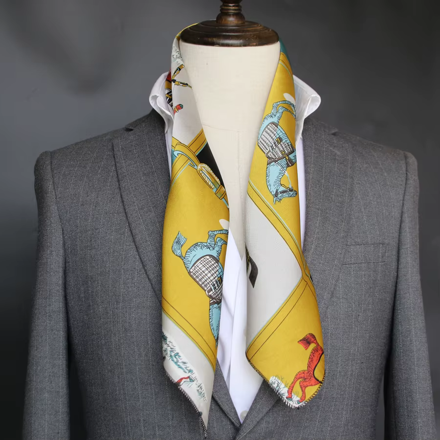 Bouton gratuit 70 écharpe carrée foulard en soie pour hommes Couple à pois rétro artistique mince imprimé costume chemise tout assorti