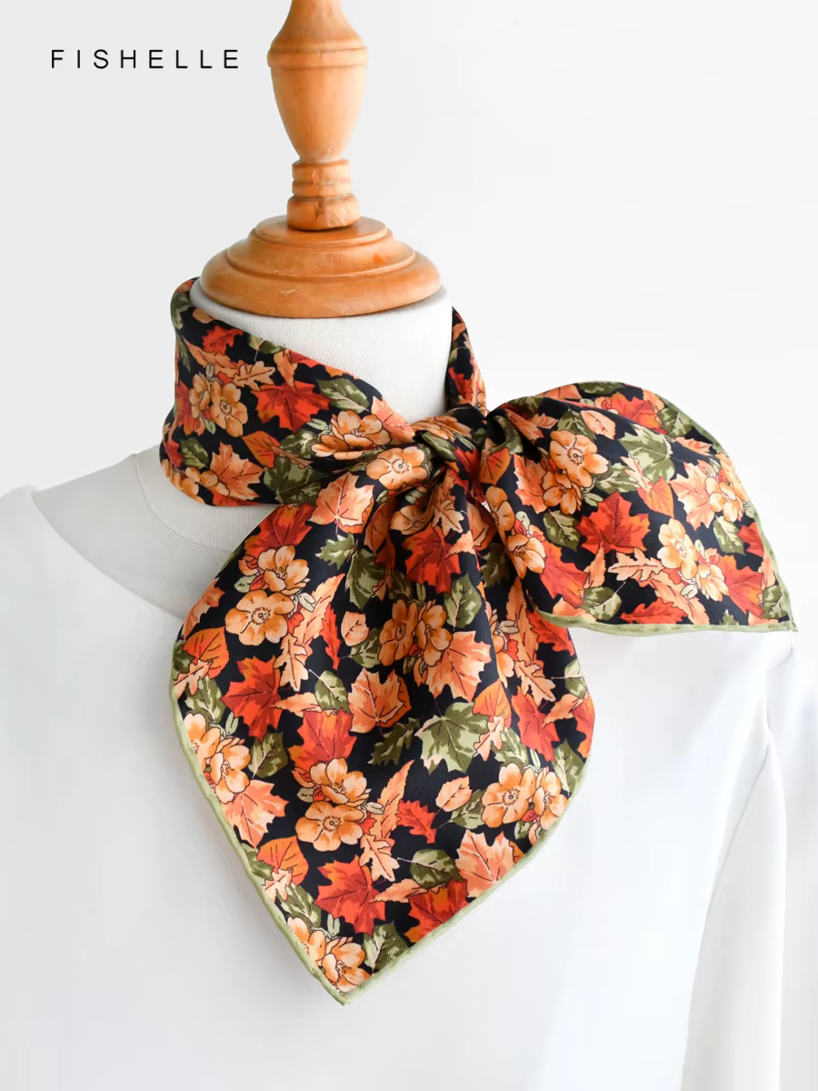 Foulard 100% soie feuilles de fleurs Orange