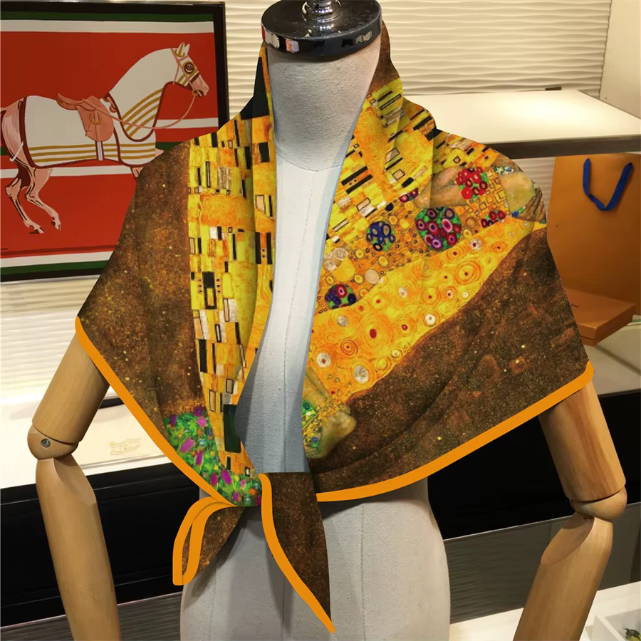 Foulard en soie femmes Klimt baiser imprimer foulards carrés tête Echarpes Foulards en soie Femme enveloppes châles de plage Bandana dame Hijabs 90CM