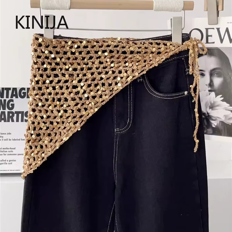 Écharpe triangulaire en tricot ajouré à paillettes style Ins pour femme