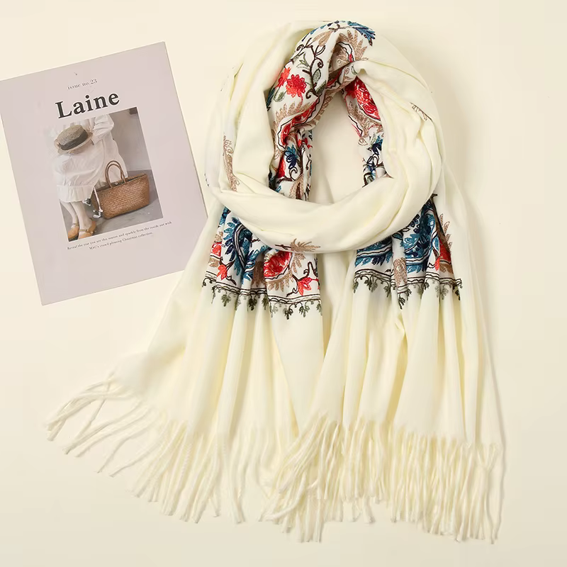 Écharpes en cachemire brodées pour femmes pashmina à fleurs TipPonte châle chaud d'hiver glands