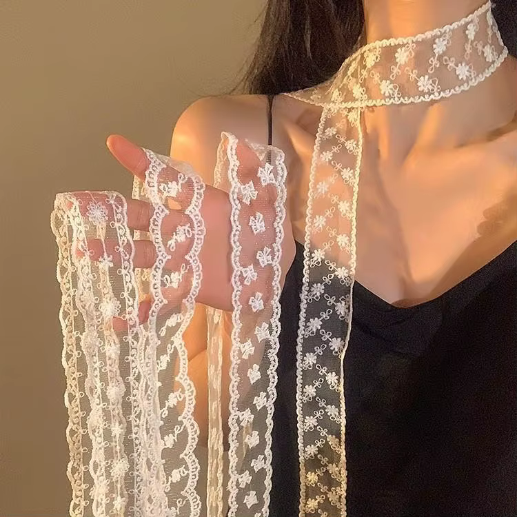 Foulard en dentelle avec ruban Long brodé, 128-180cm, enveloppe en dentelle pour femmes, bandeaux de poignet, Foulard doux