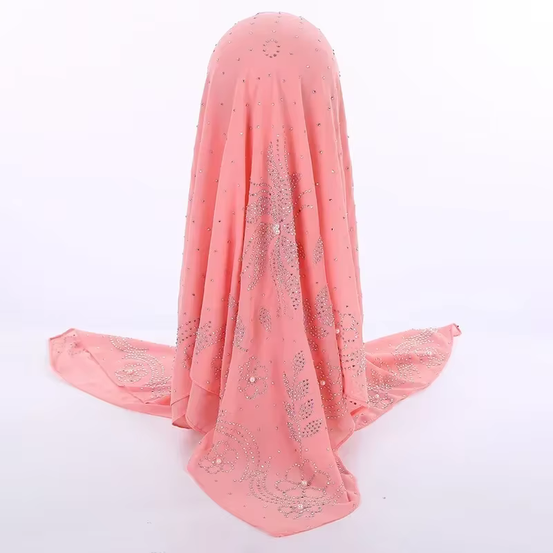 Foulard carré musulman pour femme 105x105cm, Hijab arabe en mousseline de soie perlée, Voile islamique ethnique avec épingle offerte