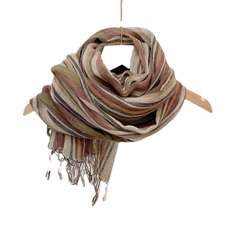 Écharpe marron rayée en coton et lin pour hommes