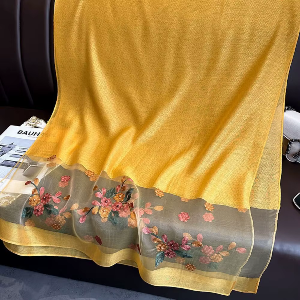 Élégant doux mince luxe Foulard en soie fleur broderie