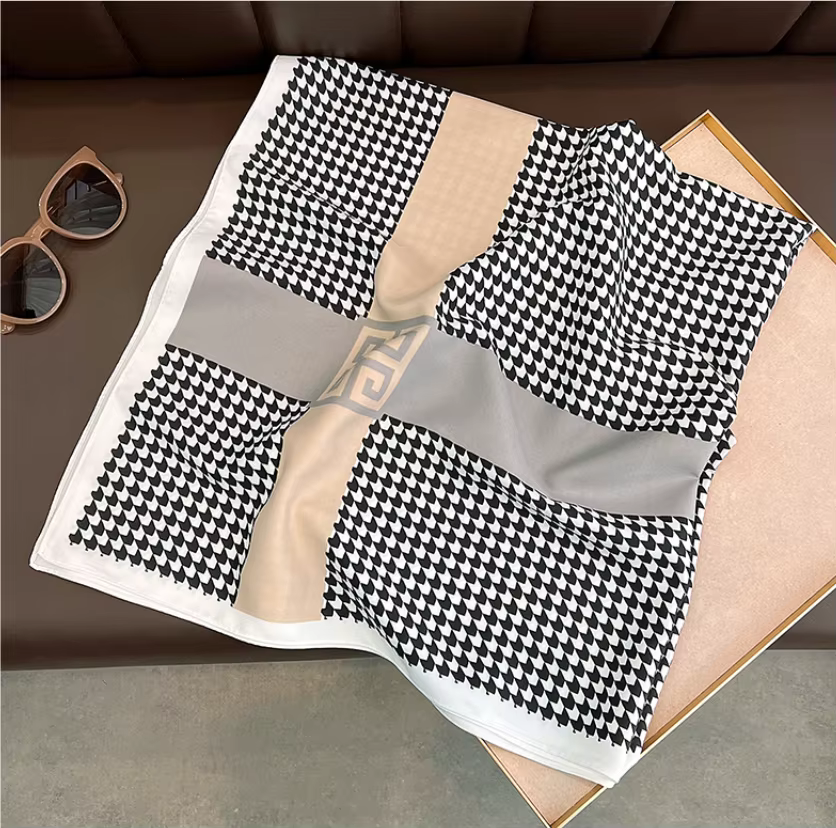 Écharpe carrée de luxe à motif pied-de-poule 90*90cm pour femmes