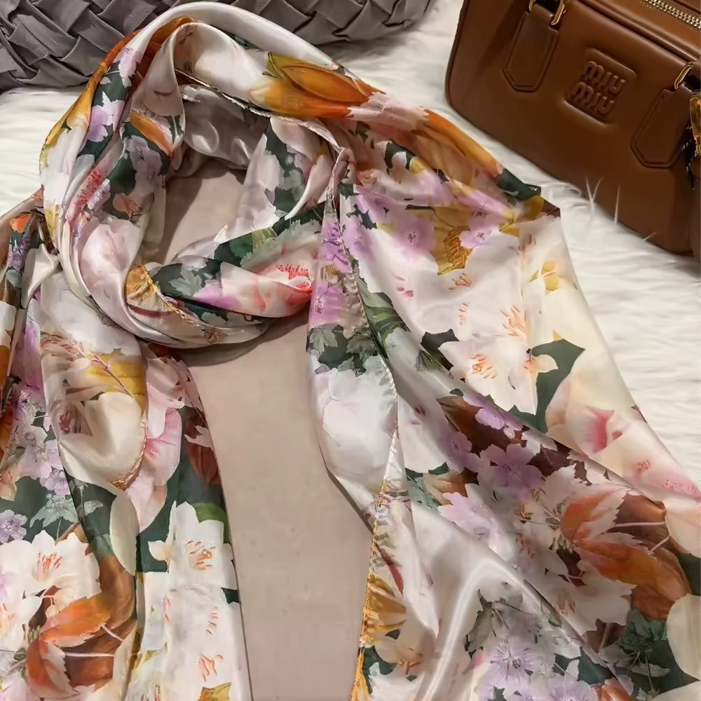 BYSIFA | Beige bleu foulard en soie châle femmes imprimé fleuri écharpe Cape automne hiver 100% mûrier