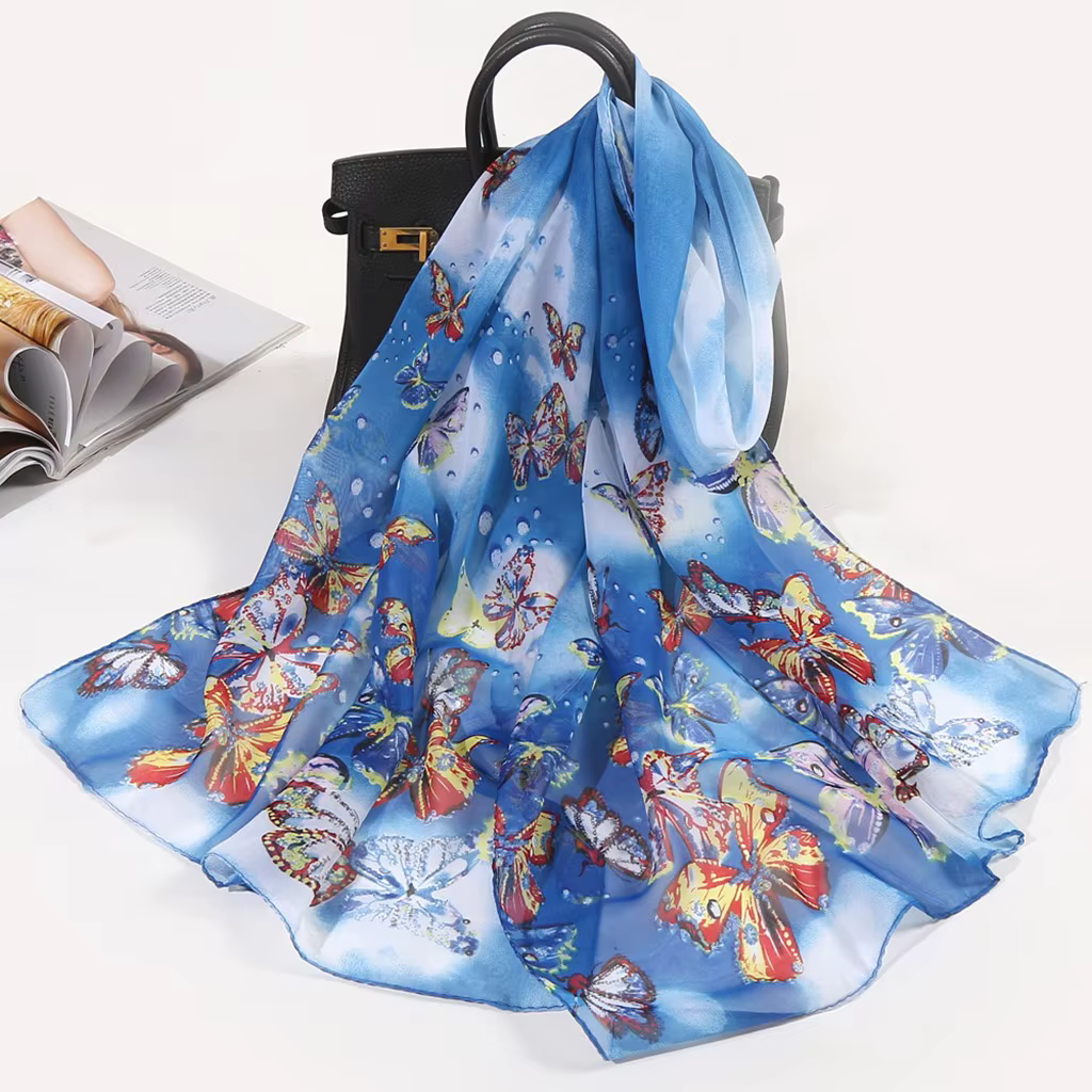 Foulard en mousseline de soie léger longue écharpe pour femmes été élégant fleur Wrap foulards femme Hijba 160*50 cm
