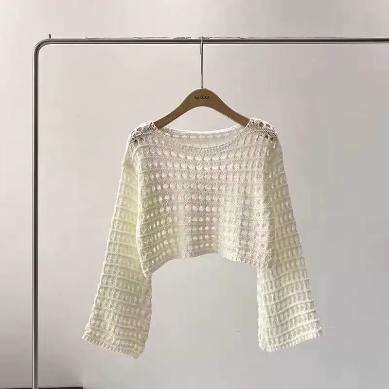 Haut en tricot au Crochet à manches longues pour femmes