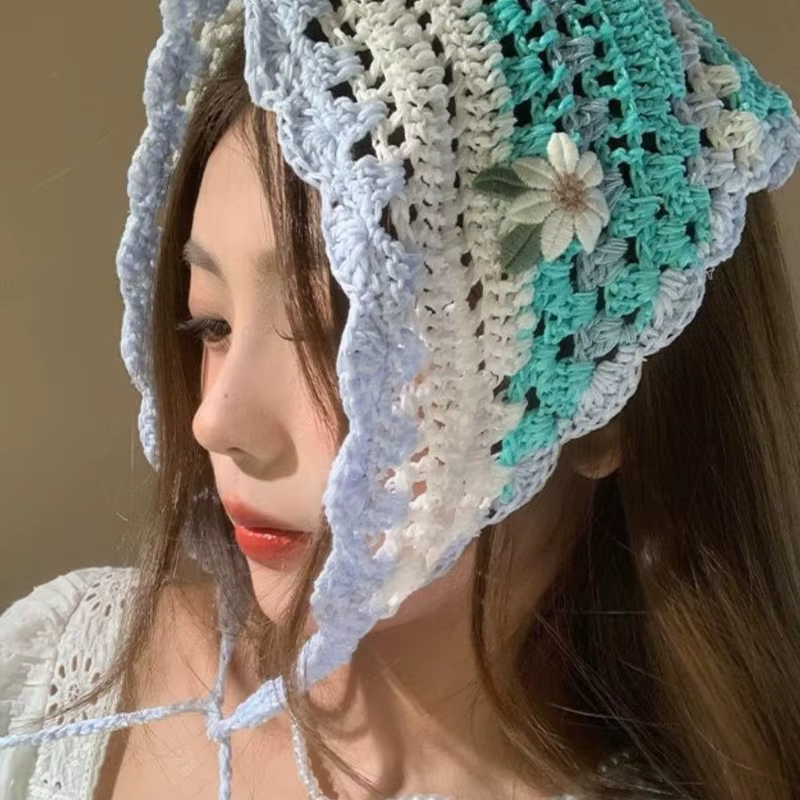 Foulard femme Dopamine menthe française Style Mambo bord de mer Photo fille bandeau tricoté fleur triangulaire