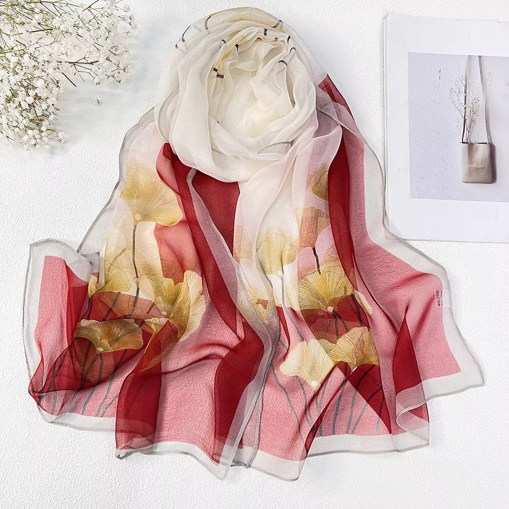 Ginkgo arbre écharpe vert jolies femmes élégant en mousseline de soie Georgette Bandana