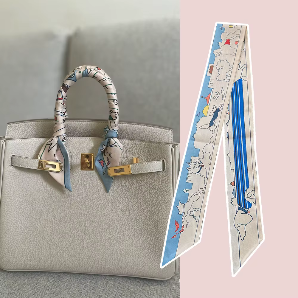 Paris Love Dog imprimé floral ruban de soie écharpe d'emballage coréen sergé satin simulation