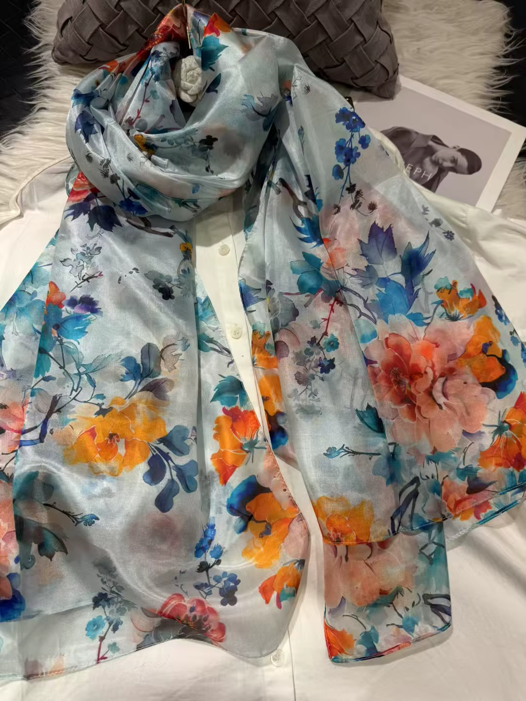 Orange bleu femmes 100% foulard en soie de mûrier élégant Floral longue Pure écharpe