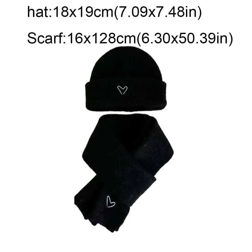 Ensemble écharpe chapeau tricoté brodé de cœur d'amour, couleur unie, bonnet chaud épais au Crochet, ensemble chauffe-cou chaud coupe-vent