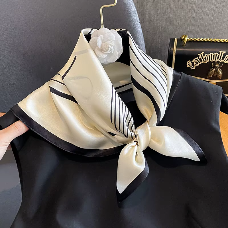100% véritable Foulard de cou en soie femmes noir rayé Bandana