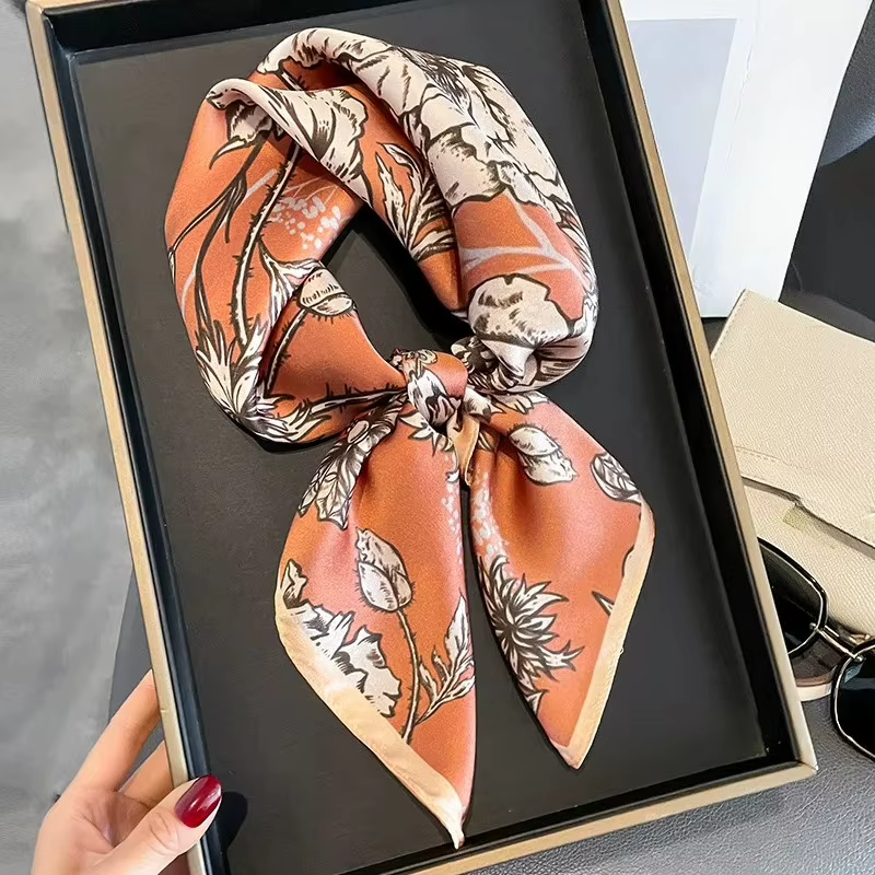 Bandeau de cheveux imprimé Rose Orange 100% Foulard en soie véritable femmes Design foulards de cou carré