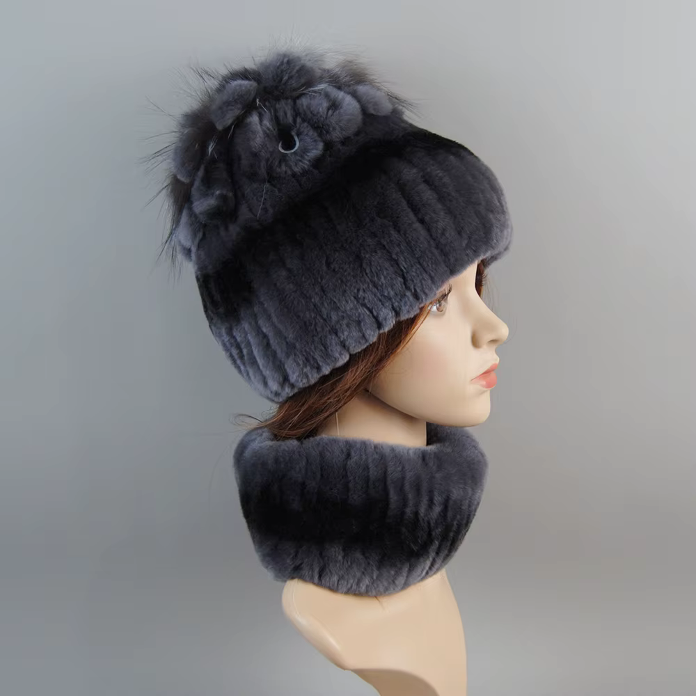 Ensemble Chapeau et Écharpe en Vraie Fourrure de Lapin Rex pour Femme