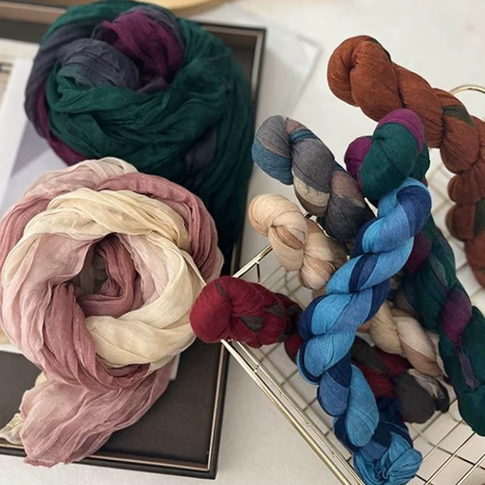 Foulard en lin de coton rétro automne hiver plissé soie longs châles musulman froissé Hijab