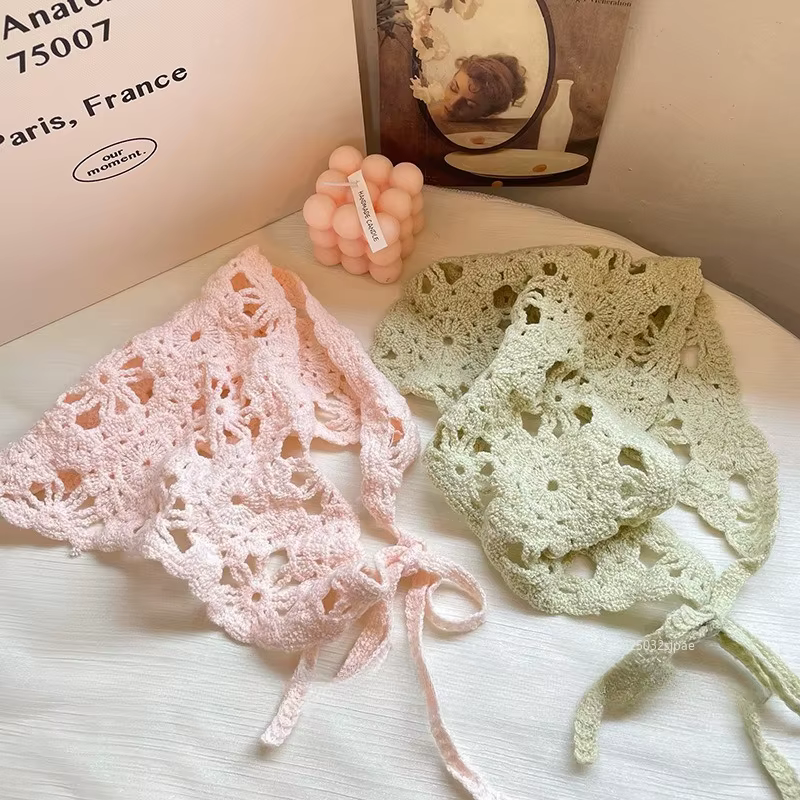 Mode tricoté foulard chapeau français Vintage fleur Triangle