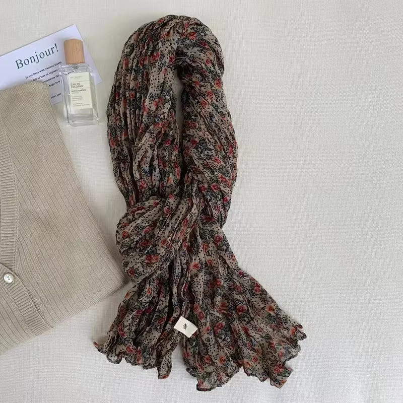 VREOVOR Antique écharpe nouvelle automne et hiver diffusion en direct chaude littéraire coton et lin rétro fleur froissé hommes femmes
