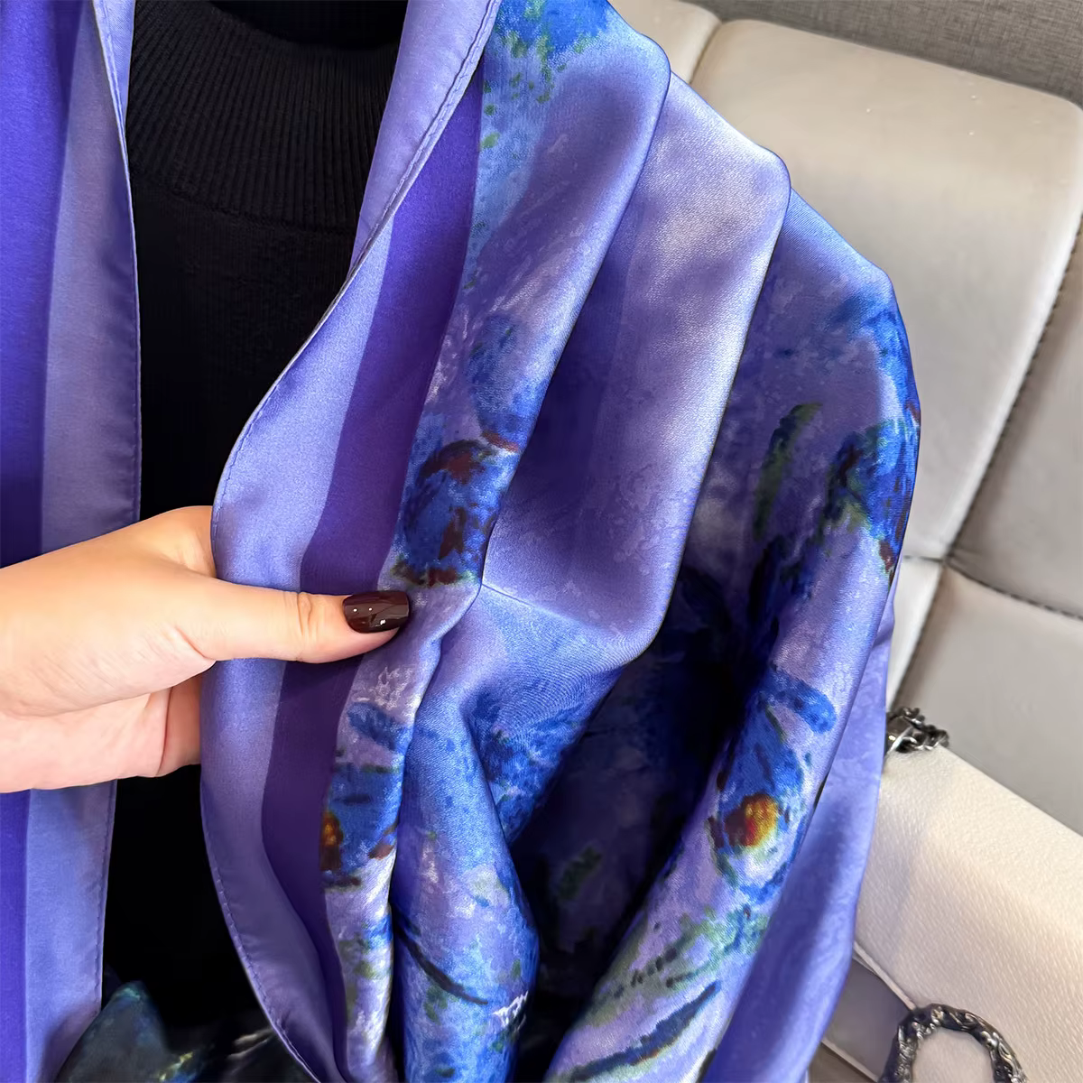 Longue écharpe de luxe pour femmes rétro châle chaînes dames Hijab élégant foulard doux tache fausse soie