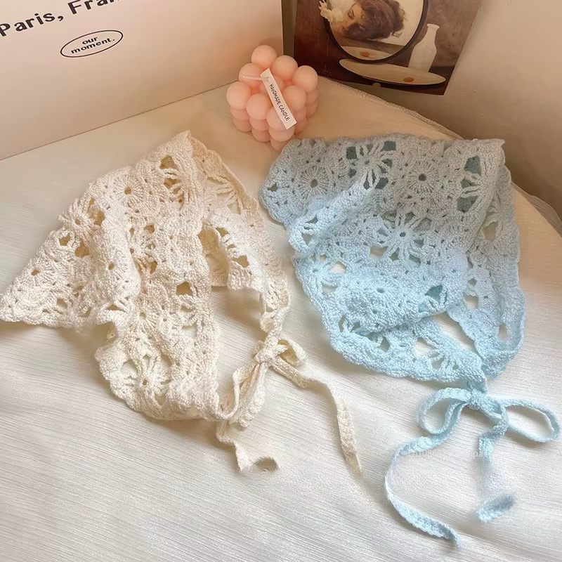 Mode tricoté foulard chapeau français Vintage fleur Triangle