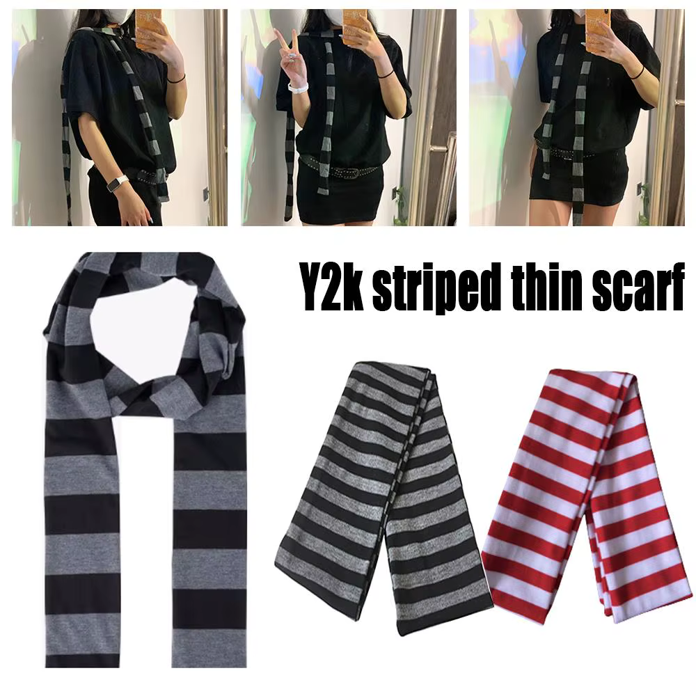 Y2K noir gris rayé écharpe pour femmes coton longue
