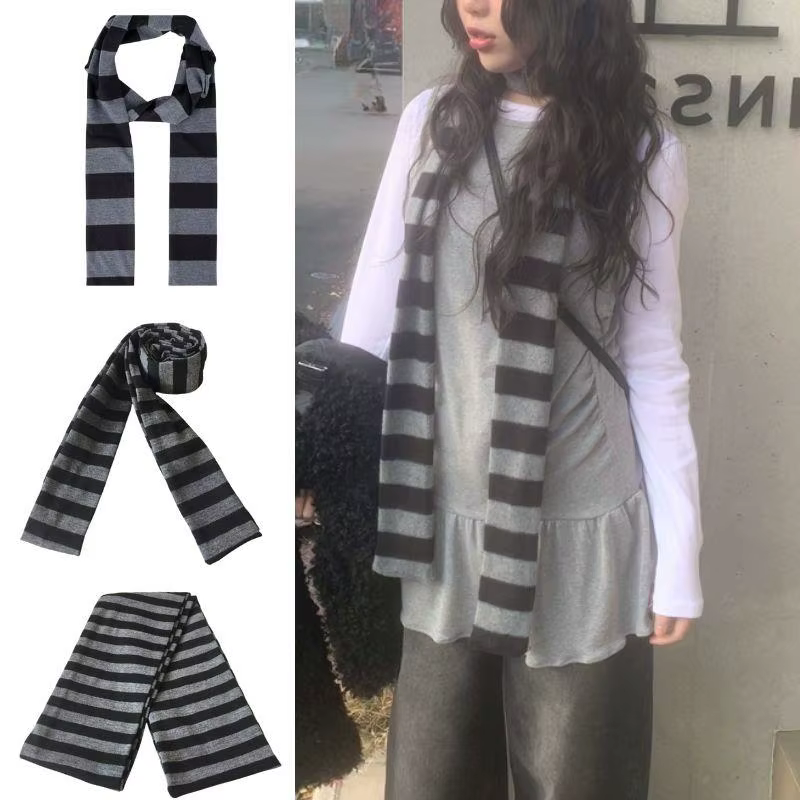 Y2K noir gris rayé écharpe pour femmes coton longue