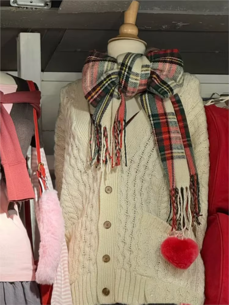 Américain Vintage gland Plaid tricoté écharpe femmes hiver unisexe chaud longue taille décontracté tout-match Preppy Style foulards noël