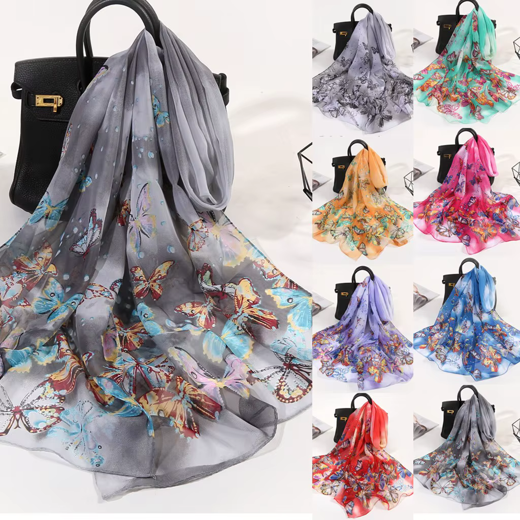Foulard en mousseline de soie léger longue écharpe pour femmes été élégant fleur Wrap foulards femme Hijba 160*50 cm