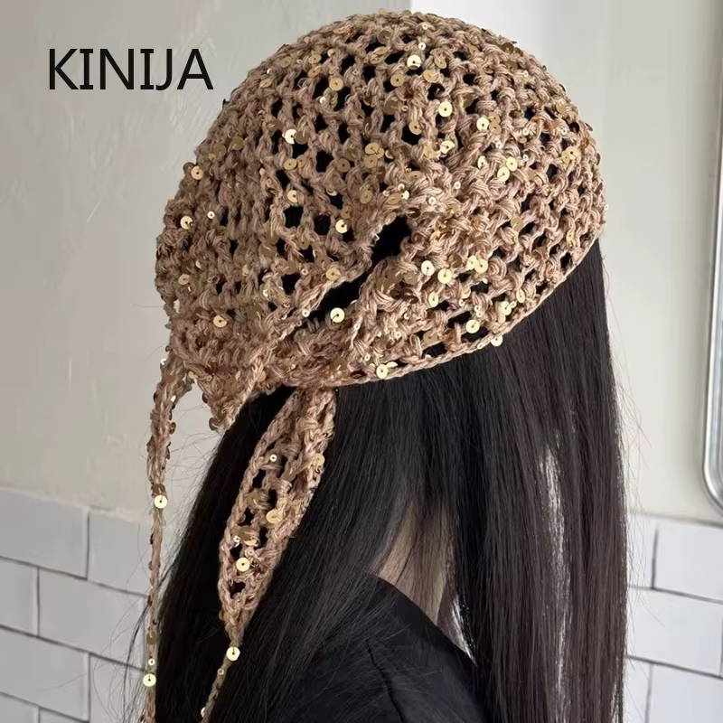 Écharpe triangulaire en tricot ajouré à paillettes style Ins pour femme