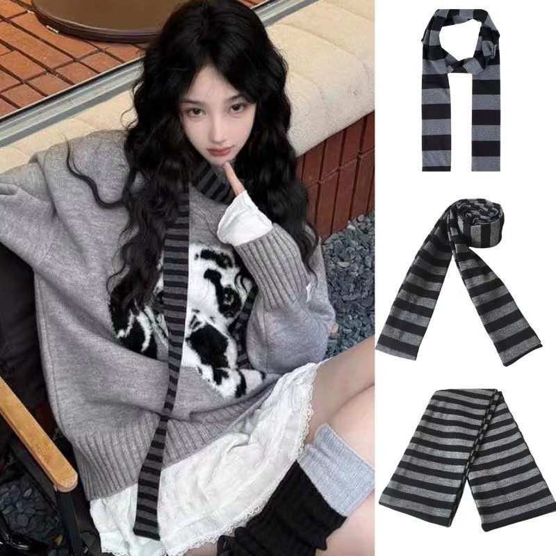 Y2K noir gris rayé écharpe pour femmes coton longue