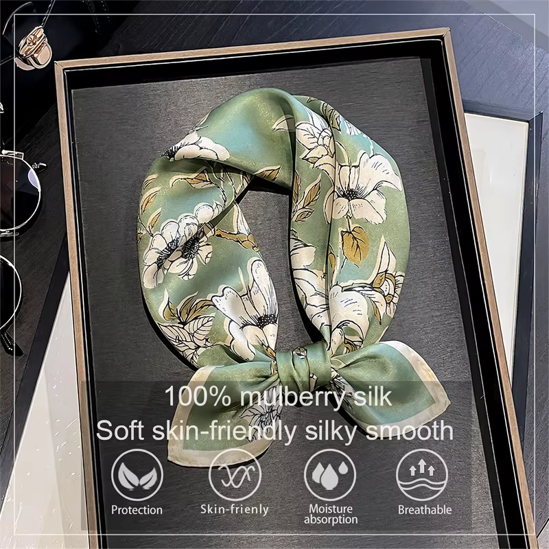 Foulard 100% Soie de Mûrier à Imprimé Floral Frais