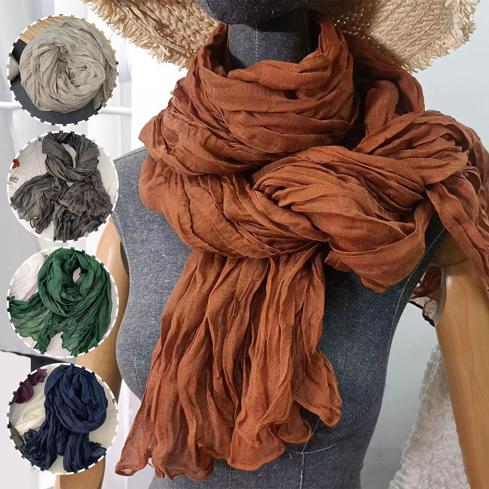 Vintage 180x90 cm chaud cou enveloppement châle froissé torsadé coton chanvre écharpe couleur unie bricolage doux Chic Style plissé longues écharpes