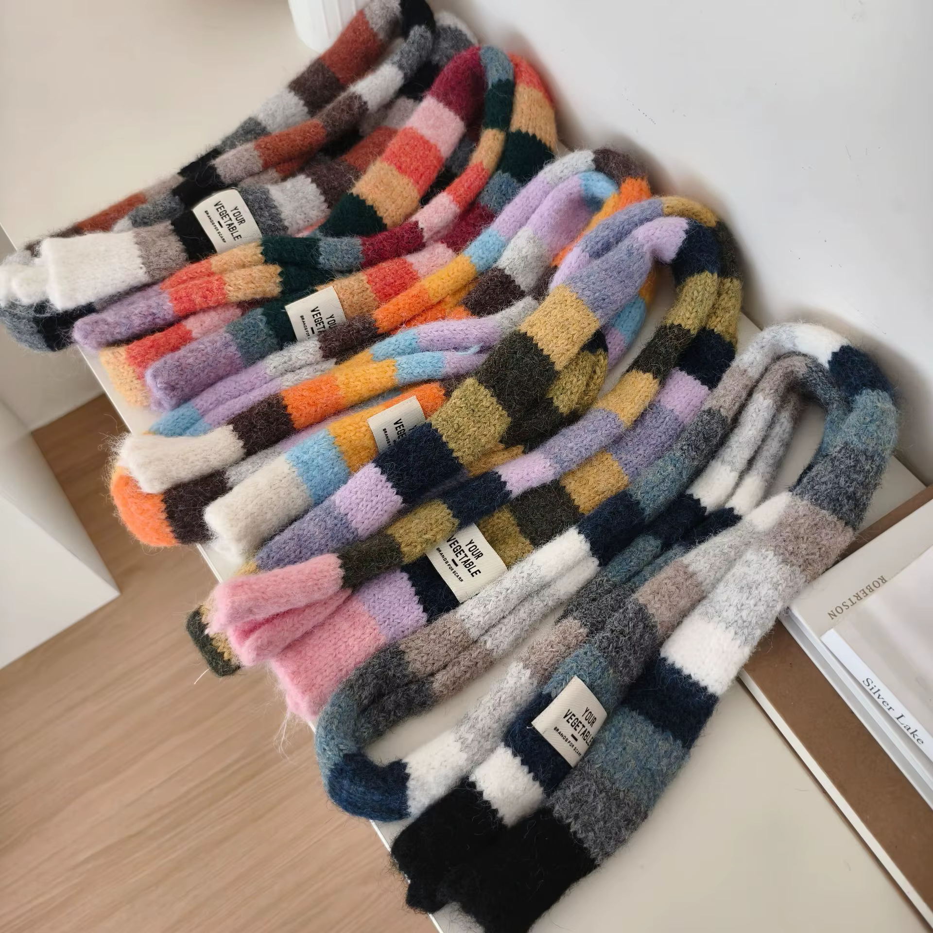 Écharpe rayée coréenne Y2K en laine tricotée avec épissure colorée contrastée