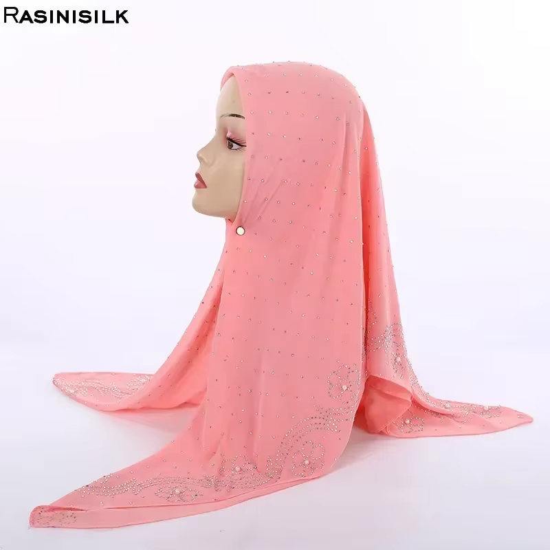 Foulard carré musulman pour femme 105x105cm, Hijab arabe en mousseline de soie perlée, Voile islamique ethnique avec épingle offerte