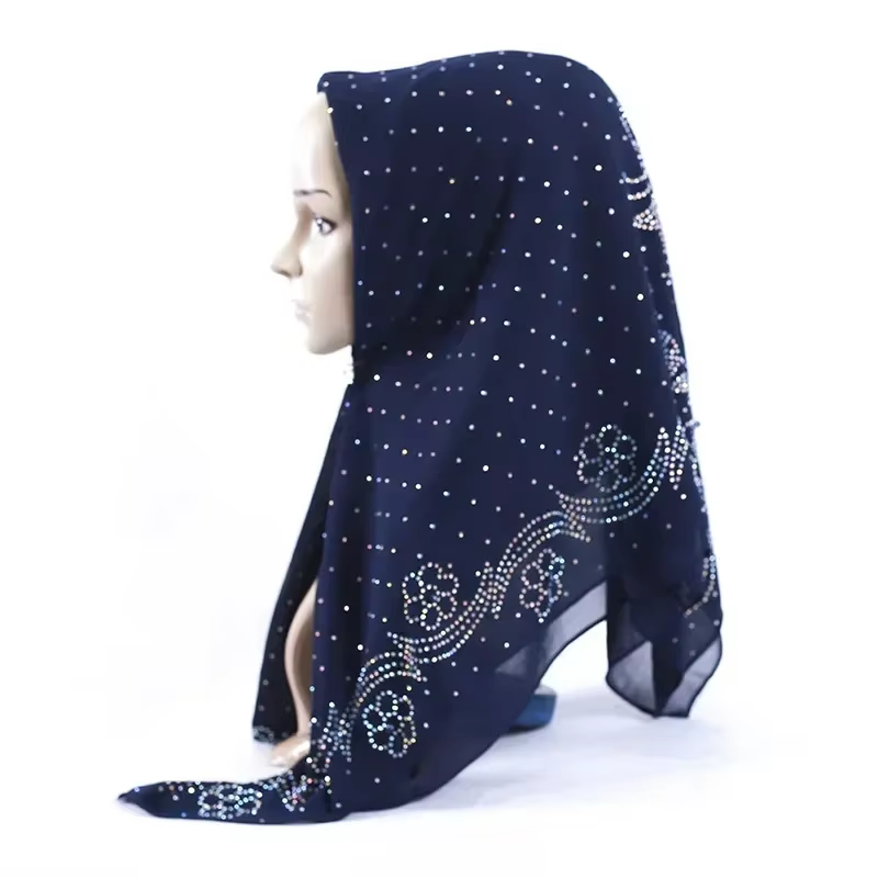 Foulard carré musulman pour femme 105x105cm, Hijab arabe en mousseline de soie perlée, Voile islamique ethnique avec épingle offerte