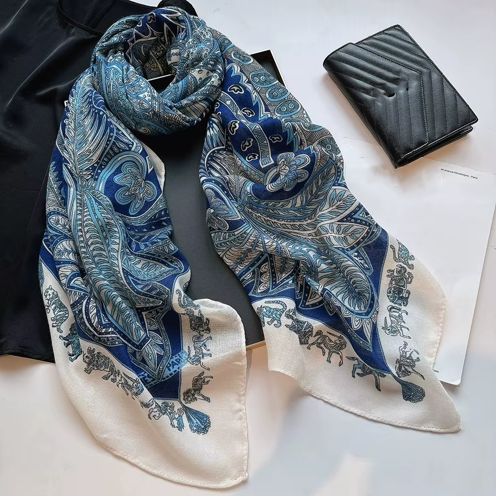 130cm bleu carré écharpe femmes grands châles Vintage carré Bandana luxe foulard femme Foulards