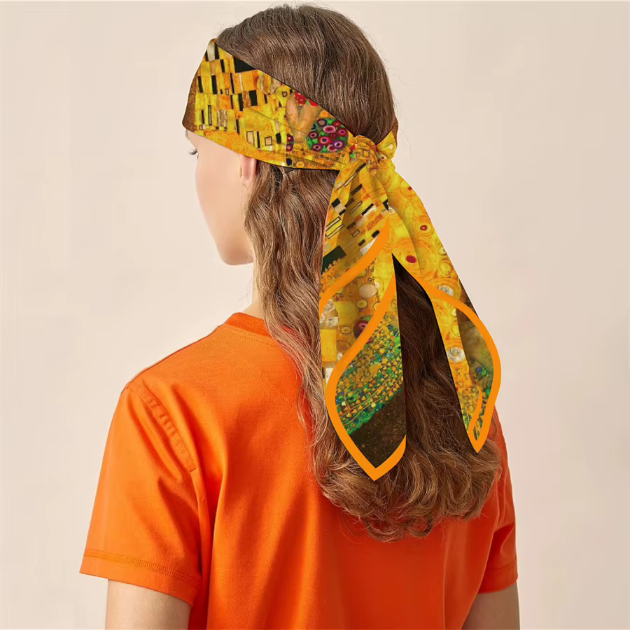 Foulard en soie femmes Klimt baiser imprimer foulards carrés tête Echarpes Foulards en soie Femme enveloppes châles de plage Bandana dame Hijabs 90CM