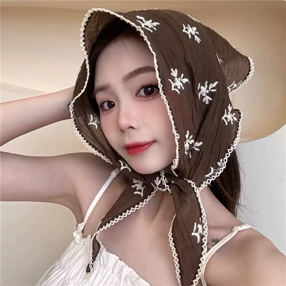2024 nouveau petit foulard carré châles Decora lin coton dentelle Triangle écharpe été Floral cheveux