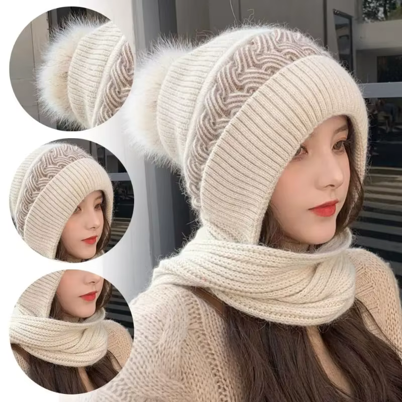 Chapeau écharpe tout-en-un hiver épaissi chaud Double
