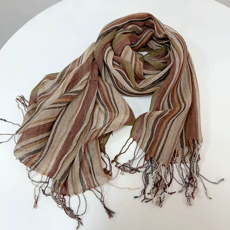 Écharpe marron rayée en coton et lin pour hommes