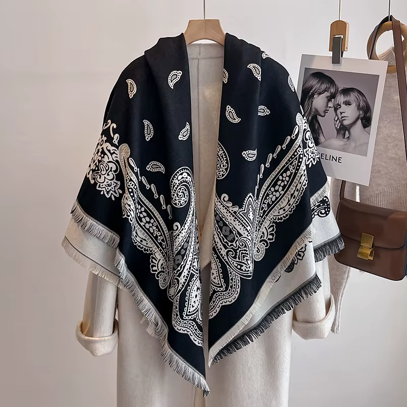 Nouvelle mode femme Faux cachemire hiver Pashmina Vintage imprimé glands épais chaud double face écharpe en plein air châles enveloppes Foulard