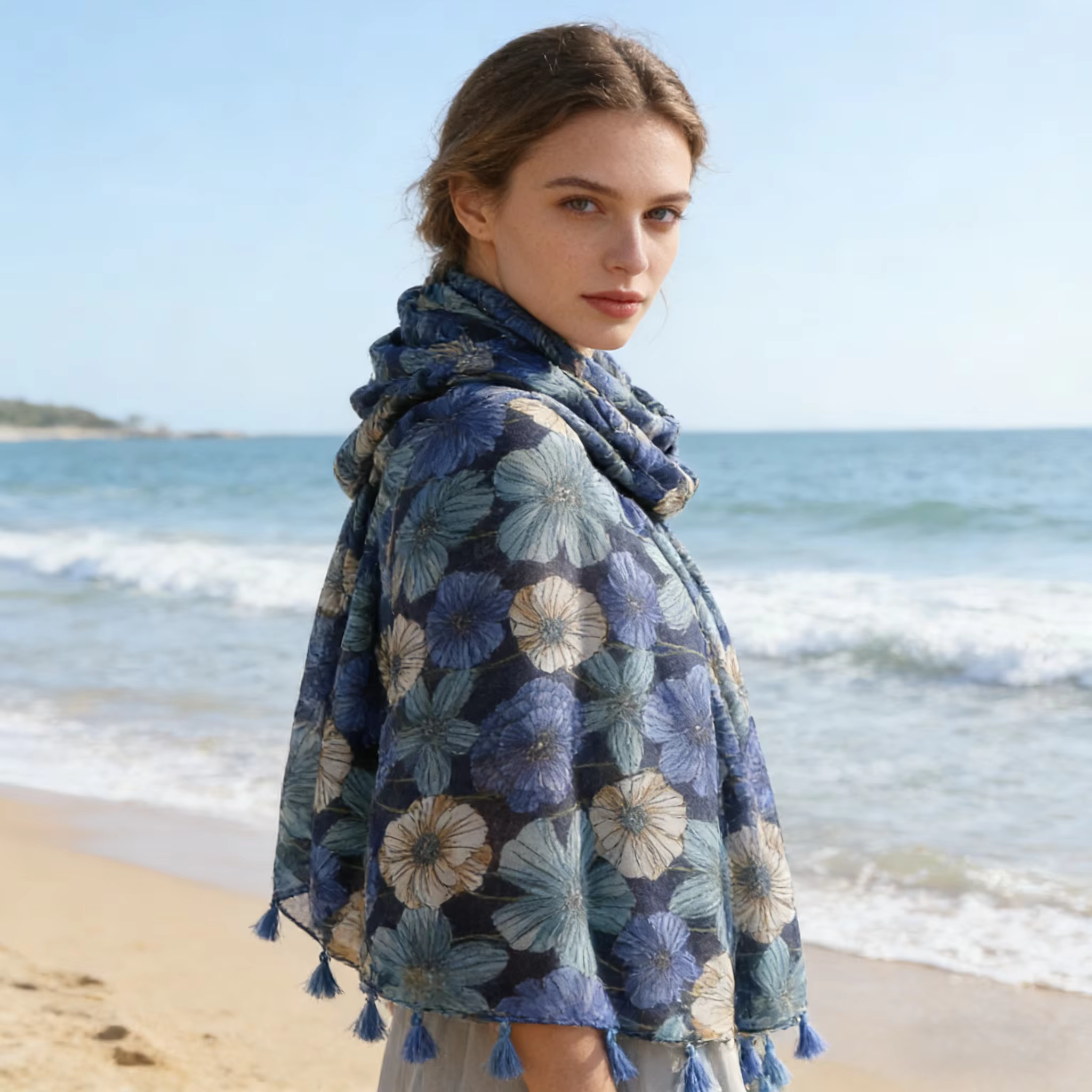Écharpe florale bleu marine et beige pour femme