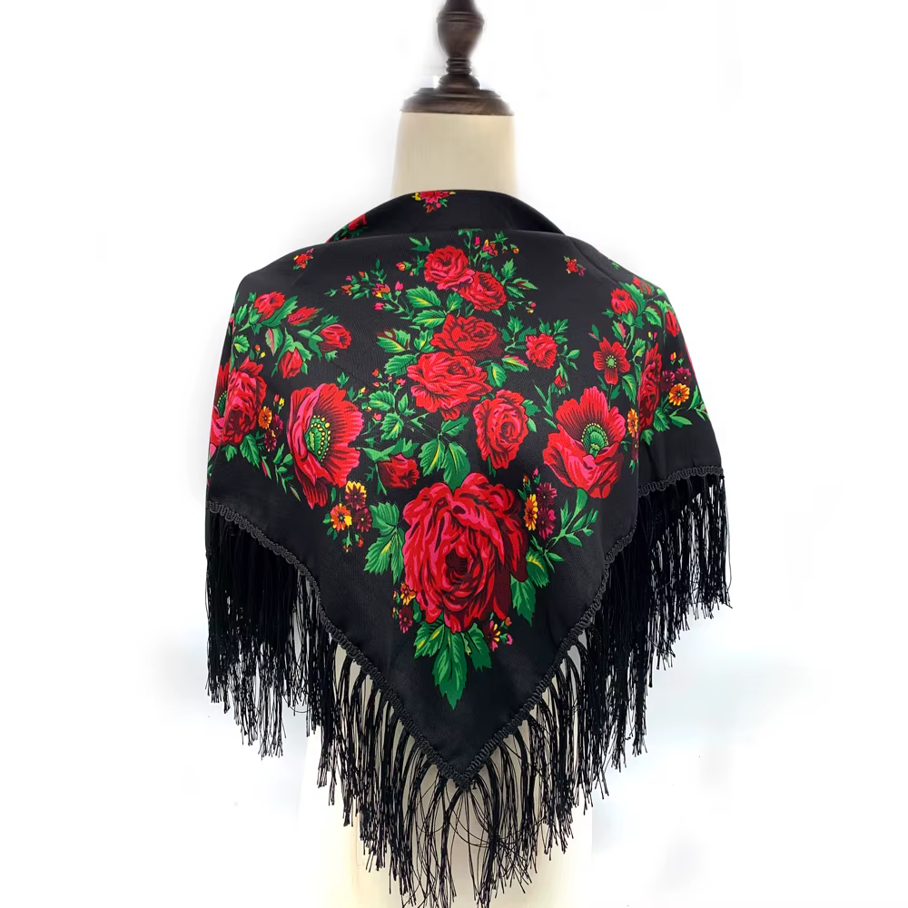 Écharpe carrée russe femmes luxe imprimé fleuri frangé Bandana foulards paréo dame bandeau