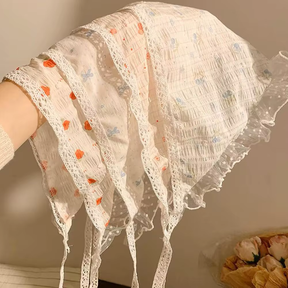 Doux Floral dentelle cheveux écharpe enveloppes femmes Triangle foulard mince respirant ruban rétro