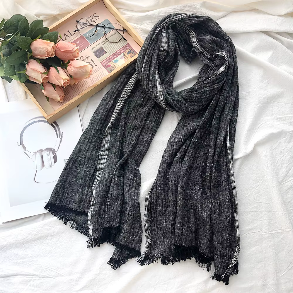 Coton lin hommes écharpe automne hiver noir marine rayé gland foulards