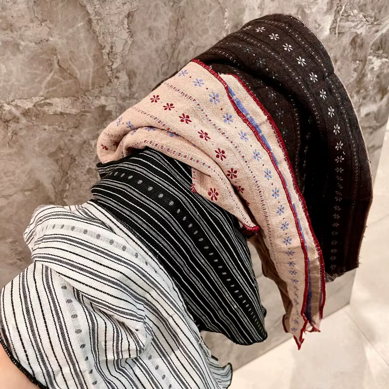 Femmes Vintage Floral rayé écharpe respirant coton lin mélange Triangle cou foulard Boho Chic bandeau et collier