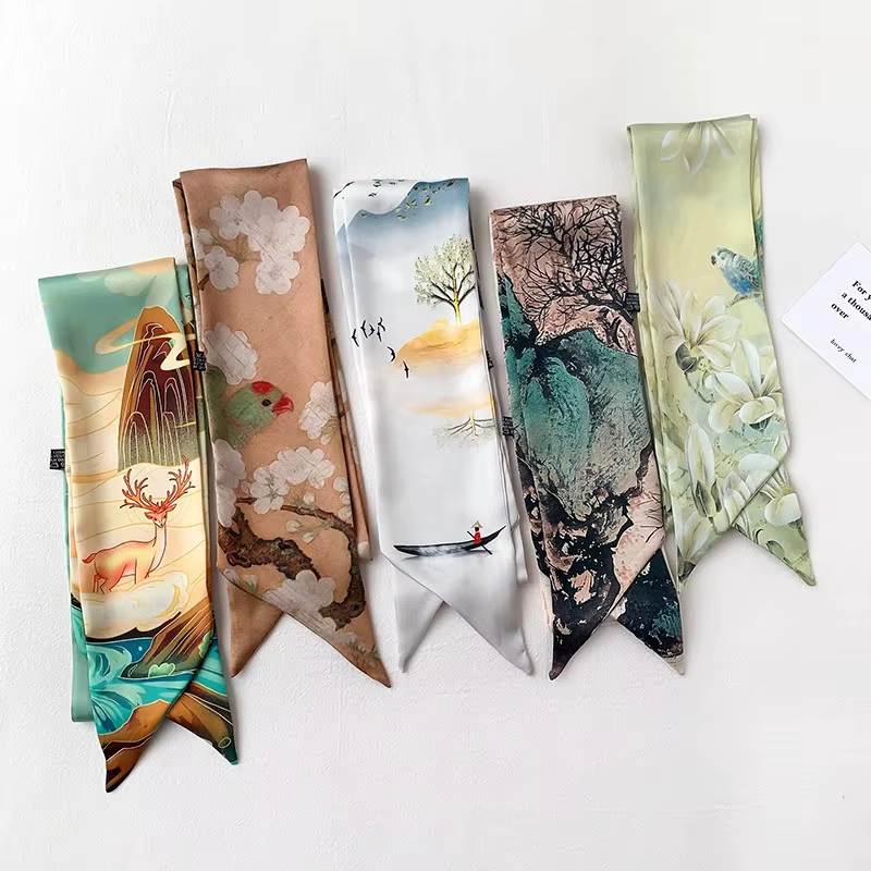 Foulard long en soie imprimé peinture à l'huile paysagère pour femme